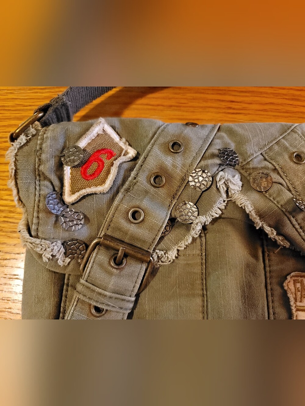 Vintage Y2K Olive Green Canvas Shoulder Bag with Patch Accents - Picture 8 of 8